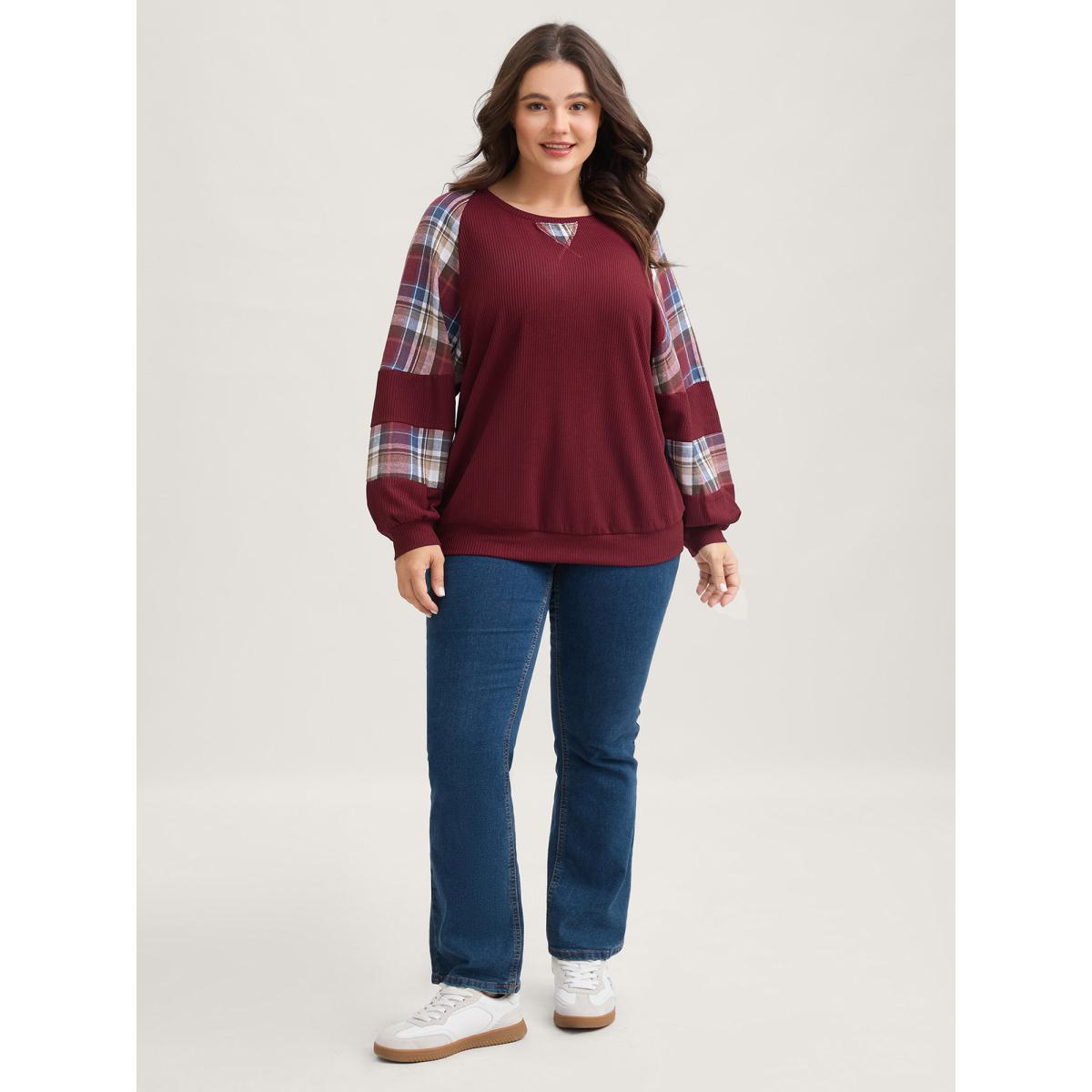 Plus Size Plaid Patchwork Raglan Sleeve Sweatshirt Women Burgundy Leisure Texture Round Neck Casual Sweatshirts BloomChic 22-24/3X Product Image