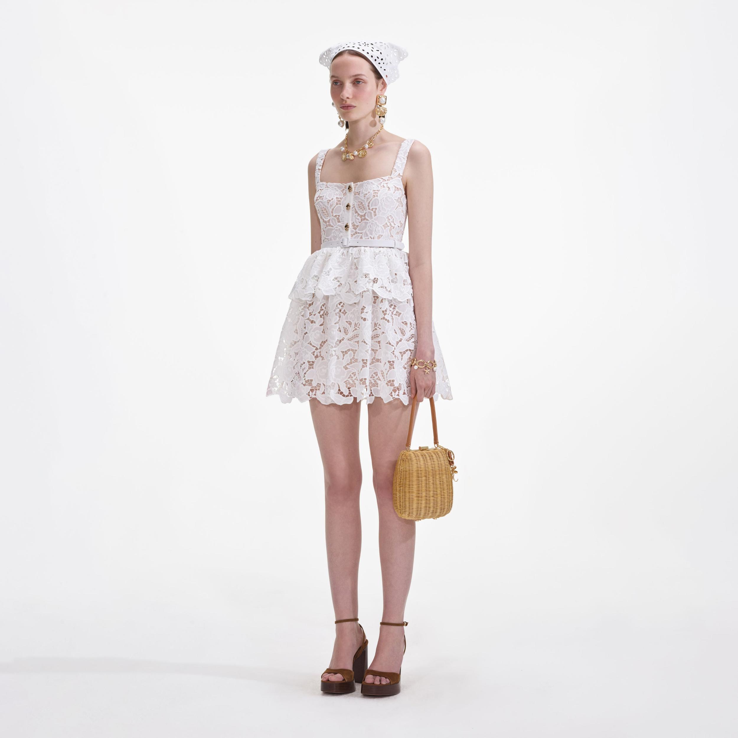 White Lace Tiered Mini Dress Product Image