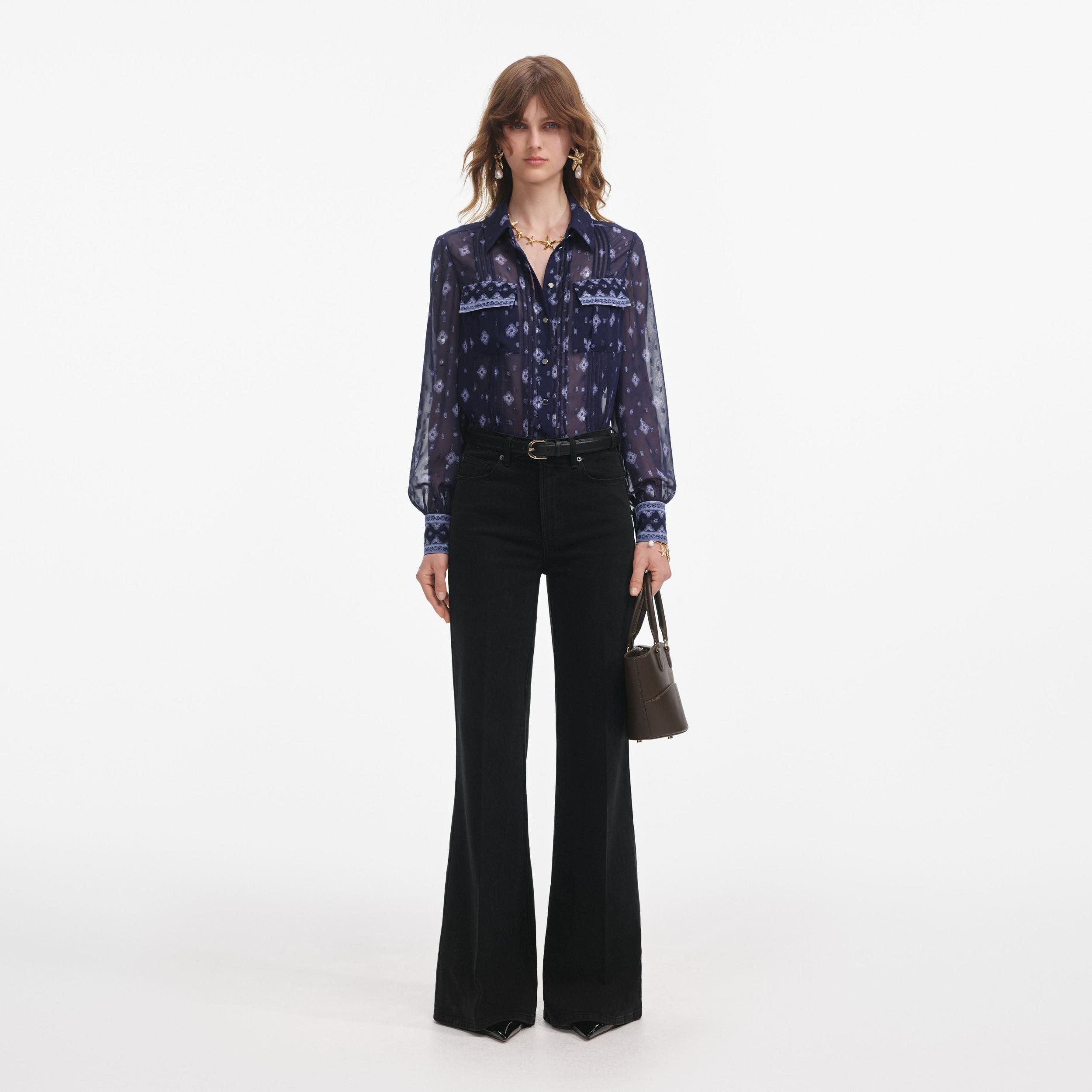 Navy Printed Chiffon Blouse Product Image