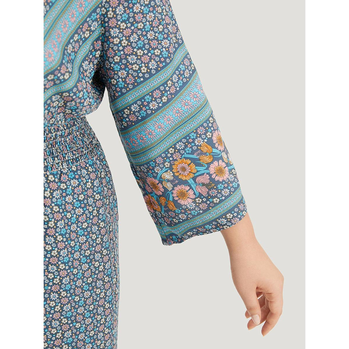 Plus Size Blue Floral Print Shirred Overlap Collar Jumpsuit Women Resort Elbow-length sleeve V-neck Vacation Loose Jumpsuits BloomChic 22-24/3X Product Image