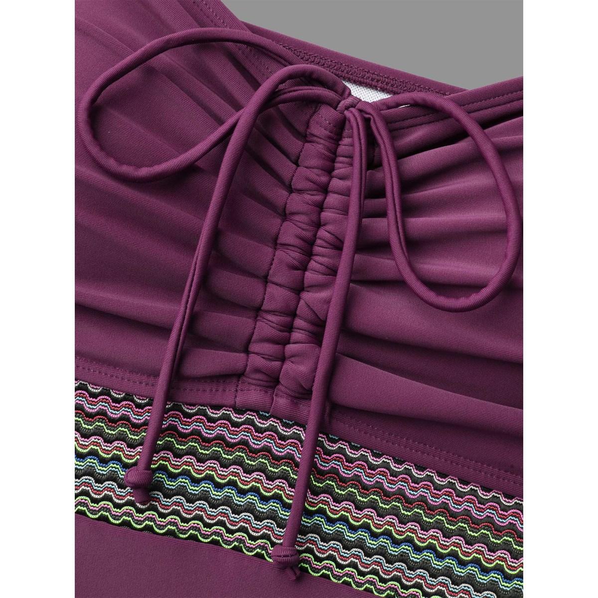 Plus Size Adjustable Drawstring Ruched Contrast Webbing One-Piece Swimsuit Women's Swimwear Deeppurple Beach Woven ribbon&lace trim Curve Bathing Suits High stretch One Pieces BloomChic 28/5X Product Image