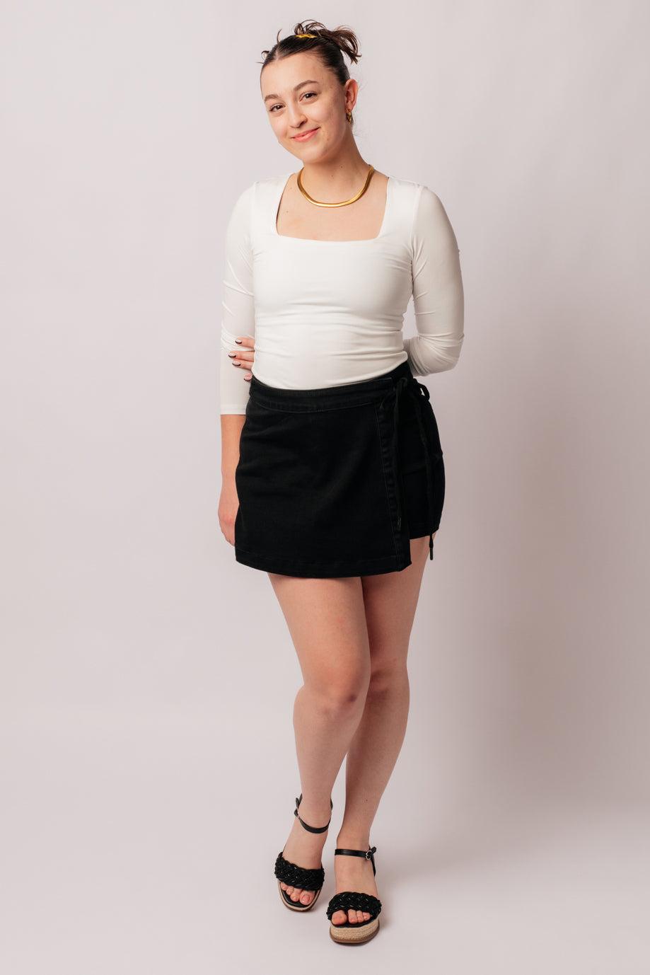 Bentli High Rise Side Tie Denim Skort in Black (Online Exclusive) Product Image