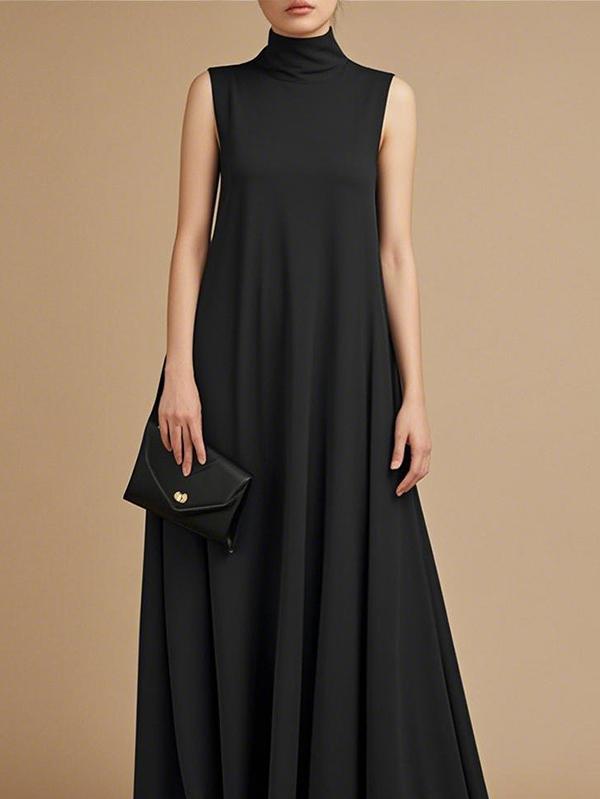 Loose Sleeveless Pockets Solid Color High Neck Maxi Dresses Product Image