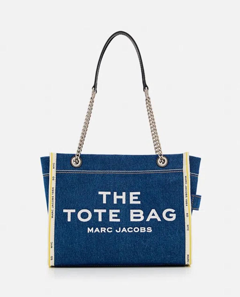 MARC JACOBS The Medium Tote In Blue Denim With Embroidered Logo In Dark Wash Product Image