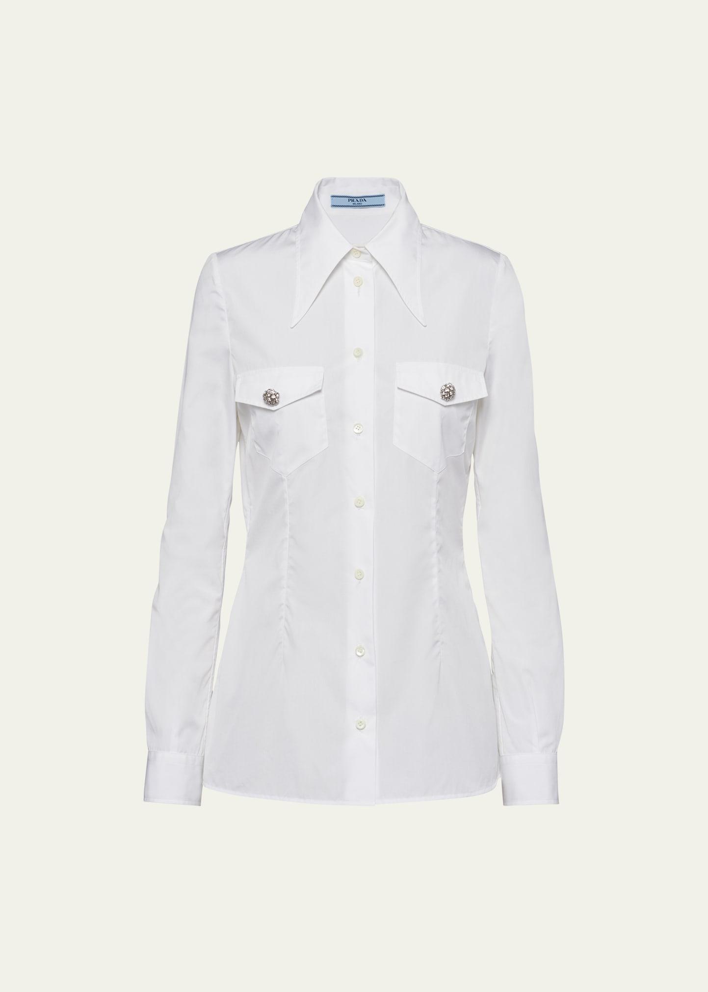 Poplin Long-Sleeve Top with Crystal Buttons Product Image