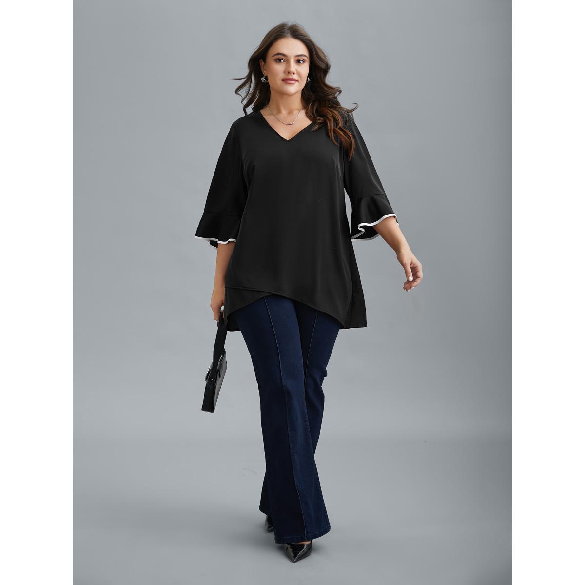 Plus Size Black Color-Block Spliced Ruffled Overlap Hem Blouse Women At the Office Elbow-length sleeve V-neck Work Blouses BloomChic 10/M Product Image