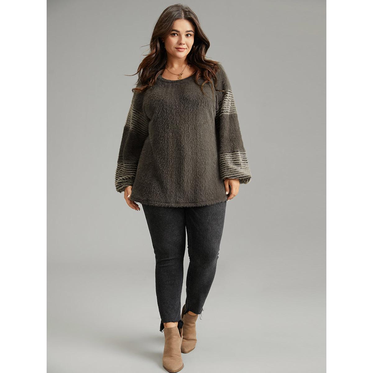 Plus Size Striped Patchwork Lantern Sleeve Fluffy Sweatshirt Women DarkBrown Casual Loose Round Neck Dailywear Sweatshirts BloomChic 10/M Product Image