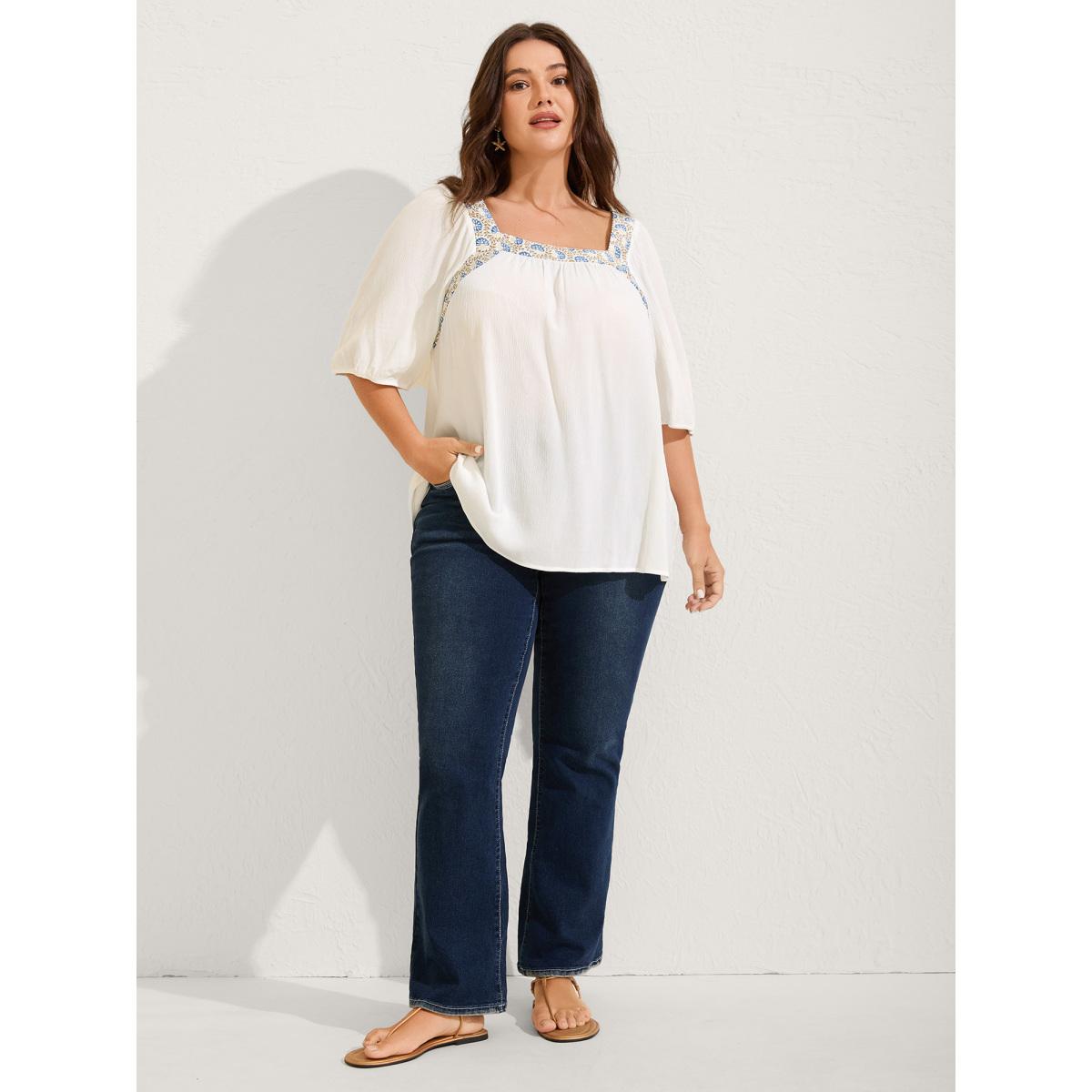 Plus Size Originalwhite Boho Spliced Neck Pleated Plain Blouse Women Elbow-length sleeve Square Neck Vacation Blouses BloomChic 28/5X Product Image