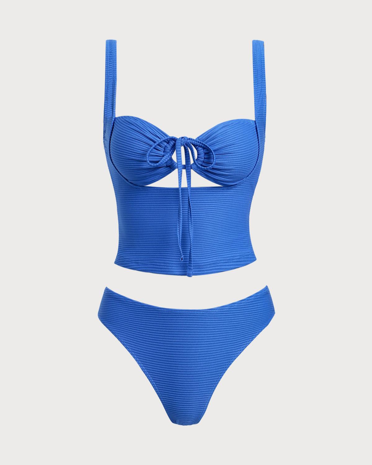 Blue Hollow Tie Rope Tankini Set Product Image