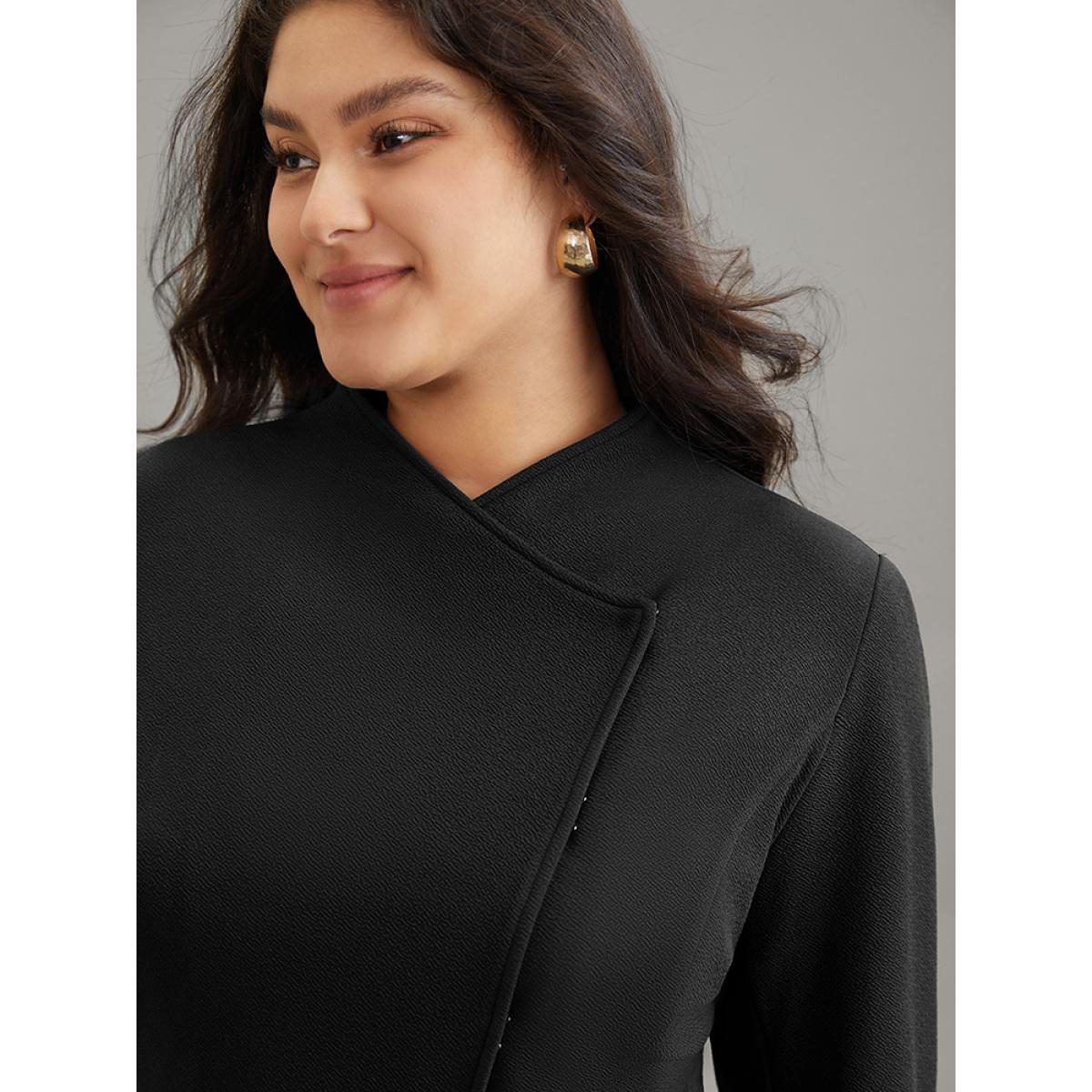 Plus Size Plain Asymmetrical Neck Button Up Blazer Black Women Office Plain Lined Sleeve Long Sleeve Asymmetrical Neck 10/M Work From Home Blazers BloomChic Product Image