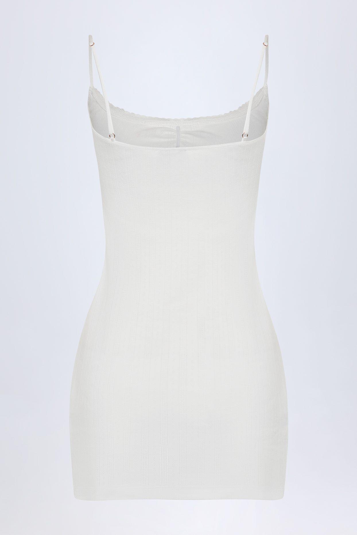 Pointelle Ruched A-Line Mini Dress in White Product Image