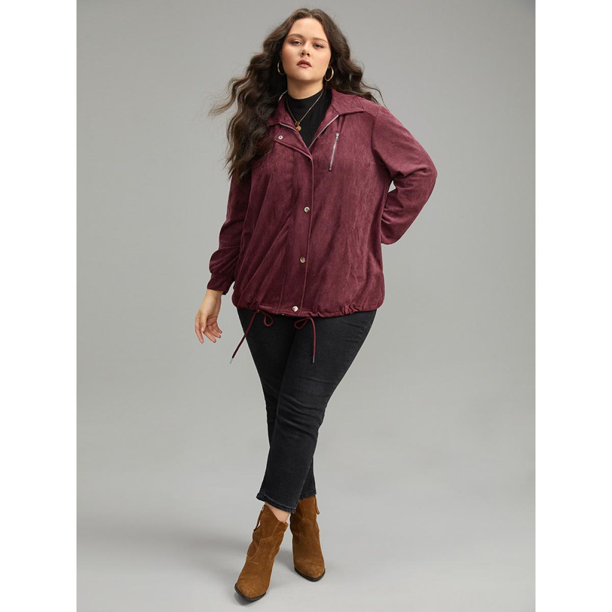 Plus Size Plain Pocket Zipper Fly Drawstring Jacket Women Burgundy Plain Pocket Dailywear Jackets BloomChic 10/M Product Image