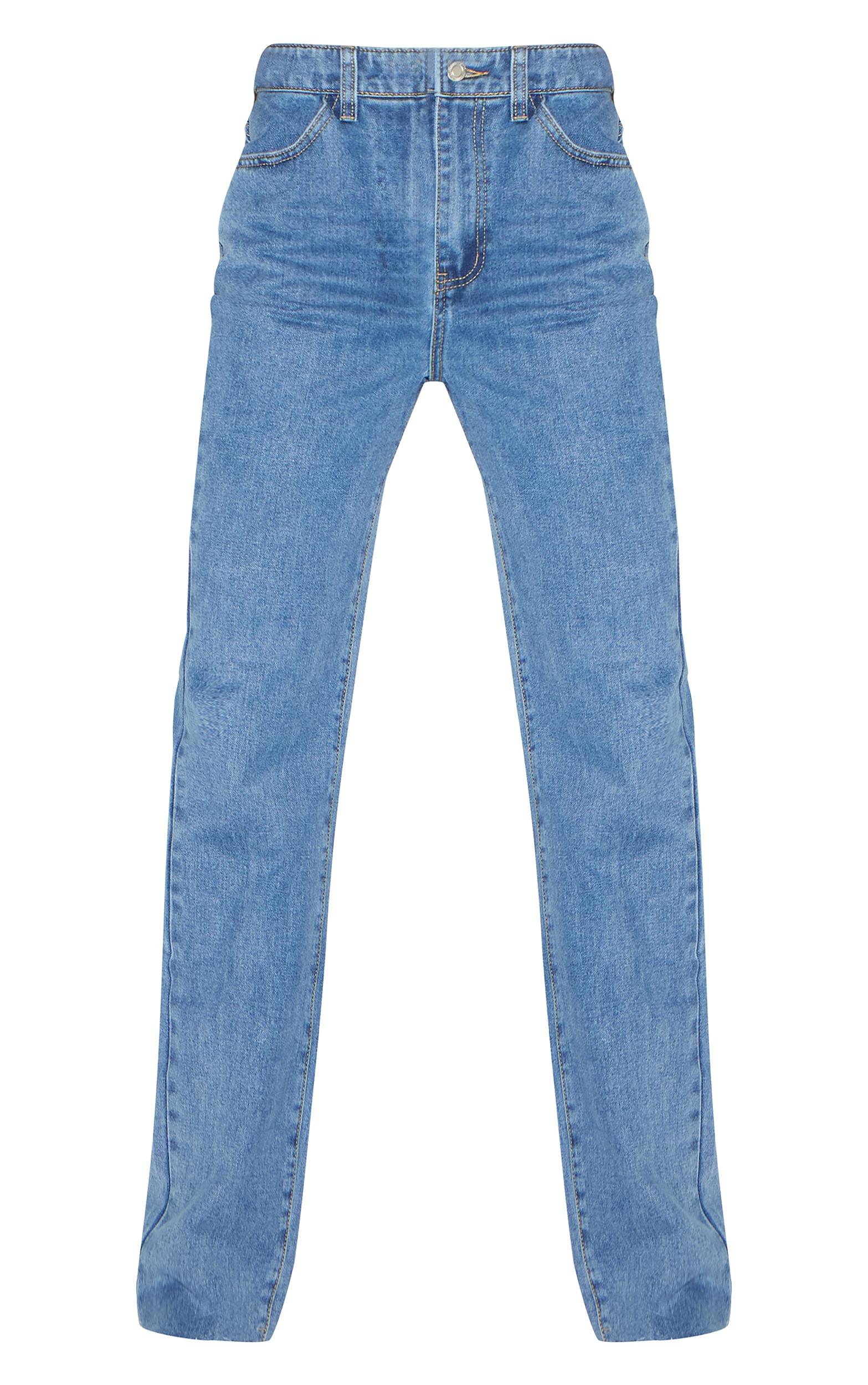 Mid Blue Wash Raw Hem Straight Leg Jean Product Image