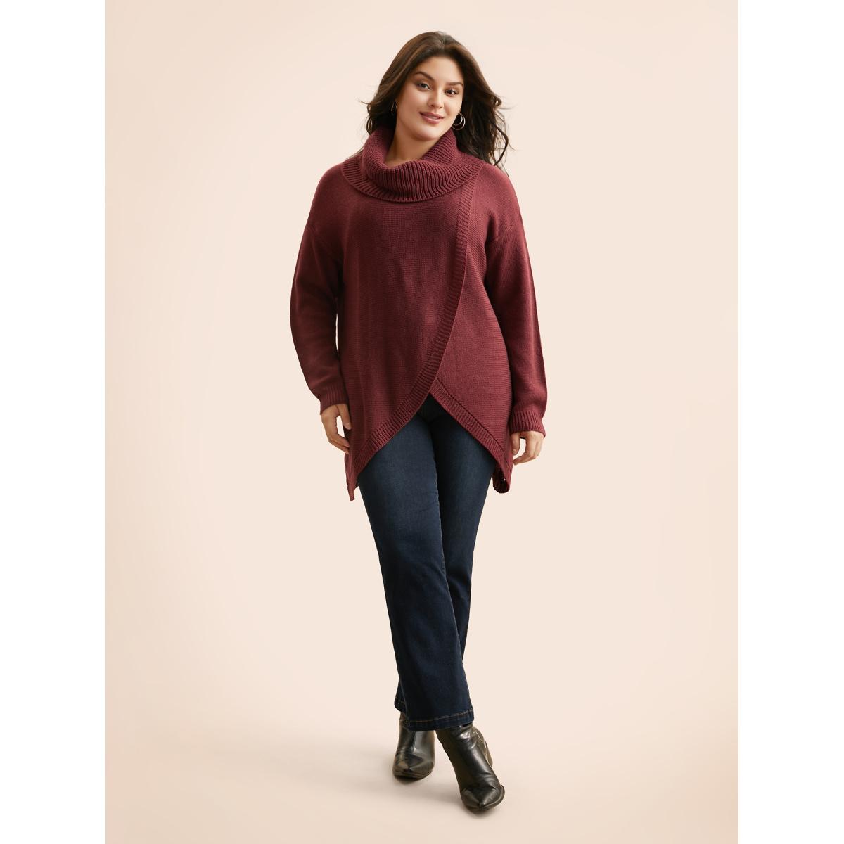 Plus Size Texture Turtleneck Slit Front Pullover Deepred Women Casual Long Sleeve Turtleneck Everyday Pullovers BloomChic 10/M Product Image