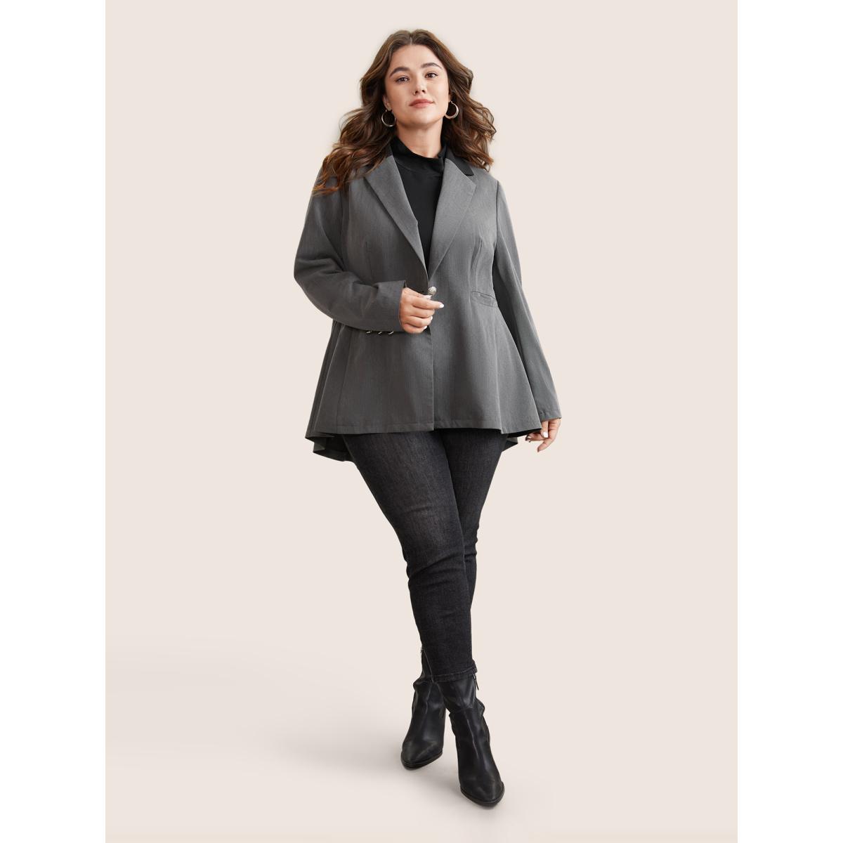 Plus Size Twill Contrast Lapel Collar Button Detail Blazer DimGray Women Dailywear Plain Lined Sleeve Long Sleeve Lapel Collar 14-16/1X Pocket Elegant Blazers BloomChic Product Image
