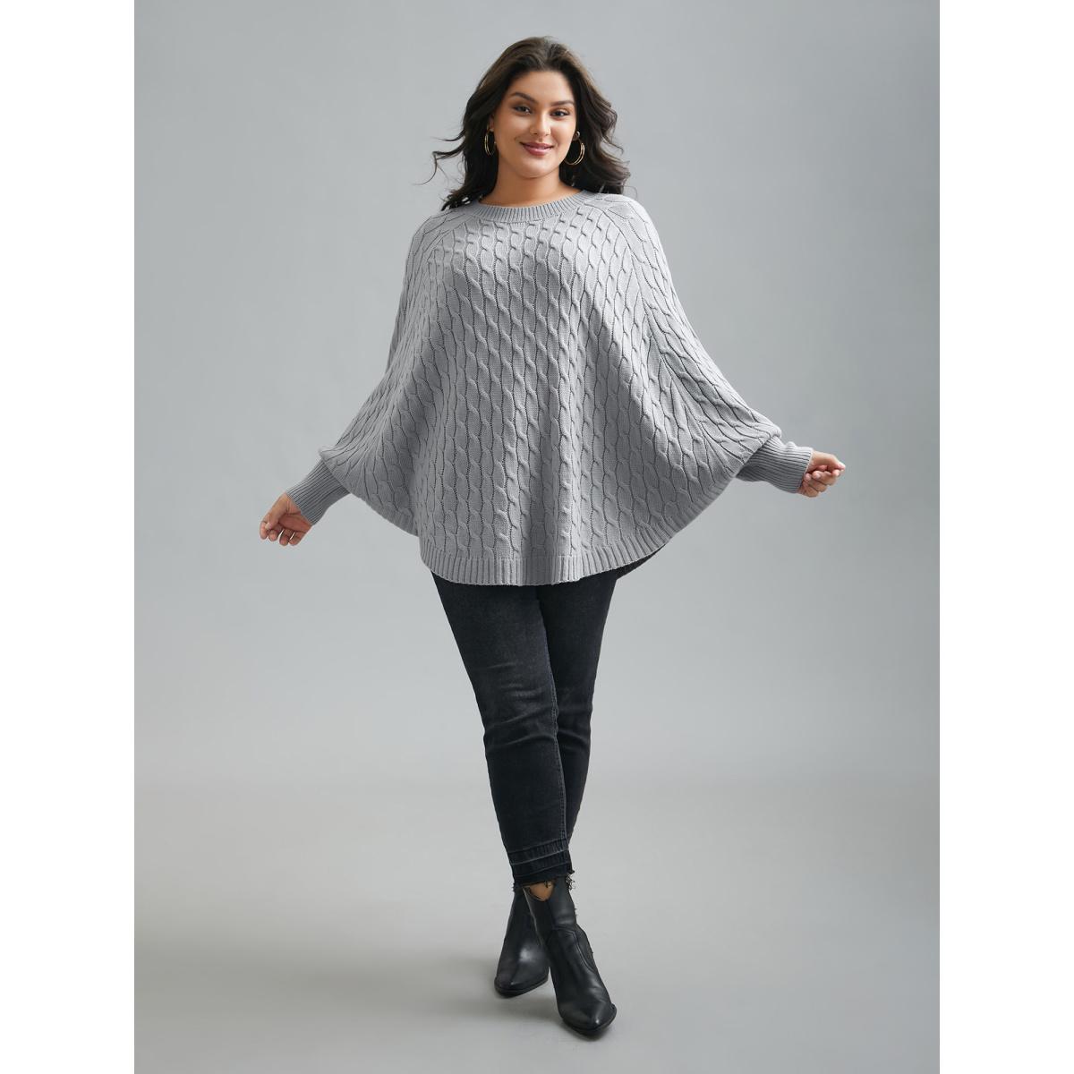 Plus Size Cable Knit Dolman Sleeve Curved Hem Pullover LightGray Women Leisure Loose Long Sleeve Round Neck Casual Pullovers BloomChic 14-16/1X Product Image