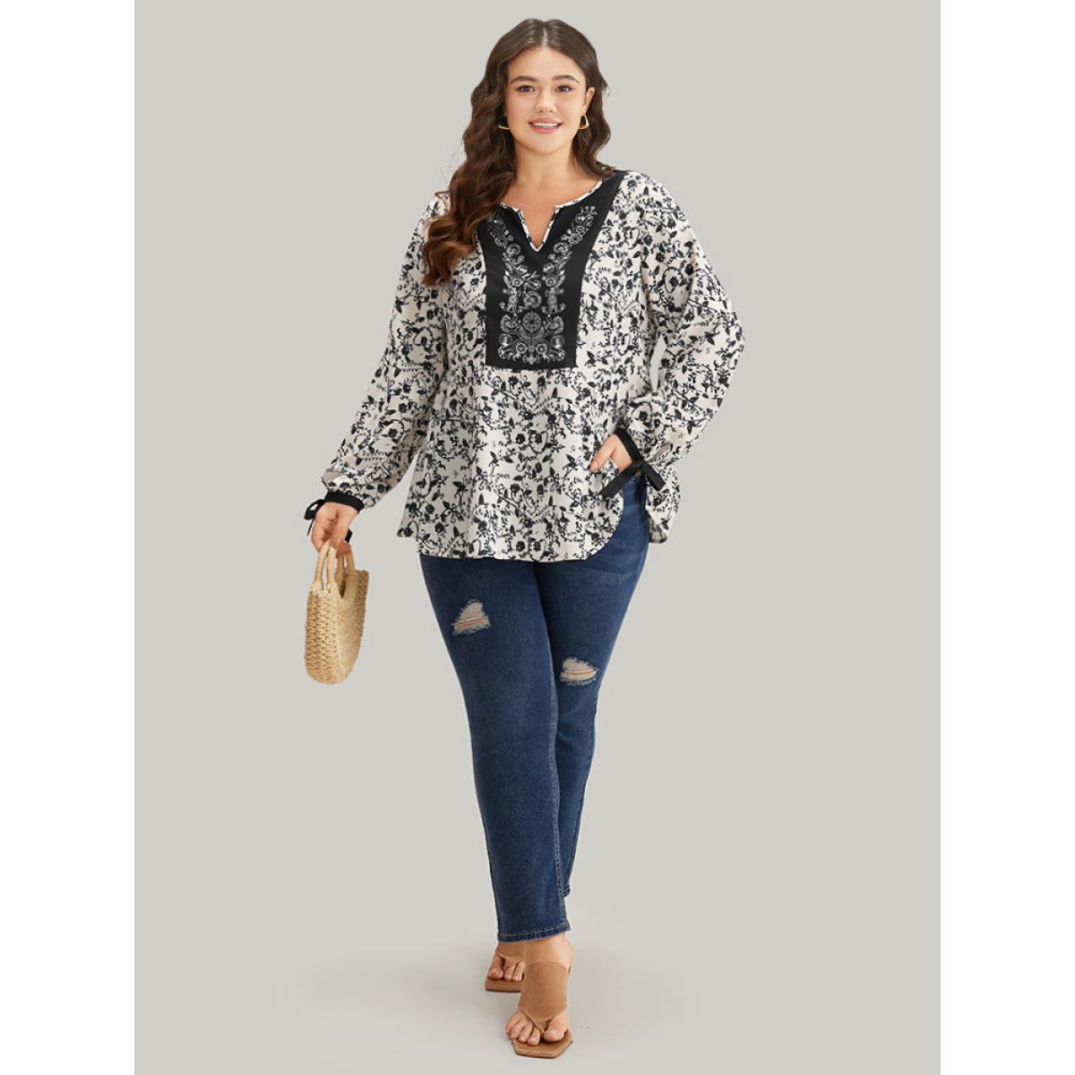 Plus Size Black Boho Print Notched Knot Lantern Sleeve Blouse Women Vacation Long Sleeve Notched collar Dailywear Blouses BloomChic 10/M Product Image