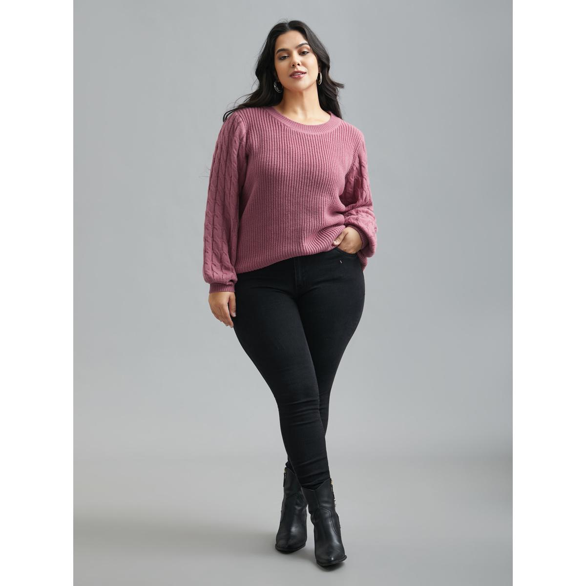 Plus Size Round Neck Textured Cable Knit Pullover Beanpastepowder Women Casual Loose Long Sleeve Round Neck Everyday Pullovers BloomChic 18-20/2X Product Image