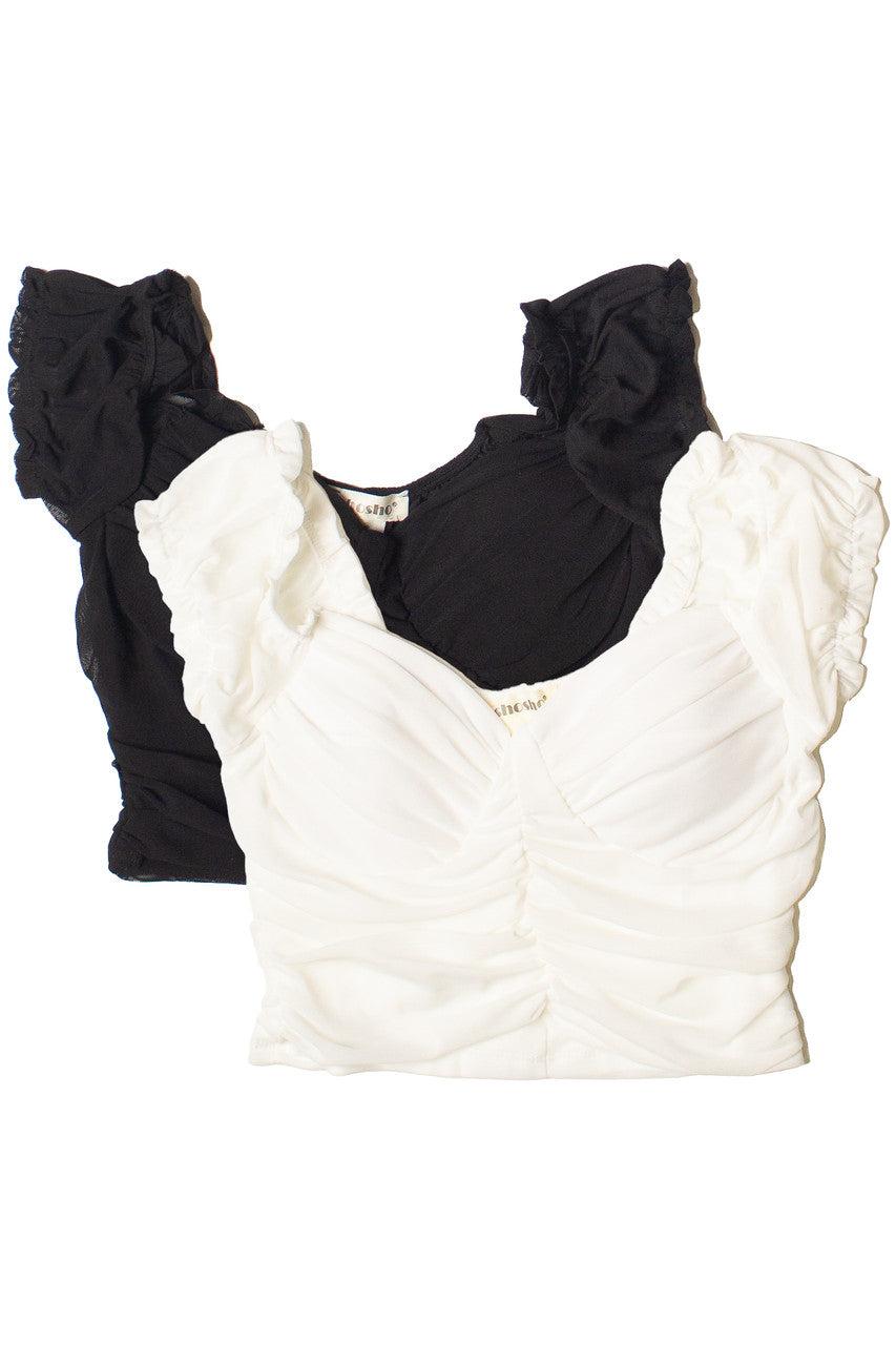 Ruched Front Puff Sleeve Mesh Top Product Image