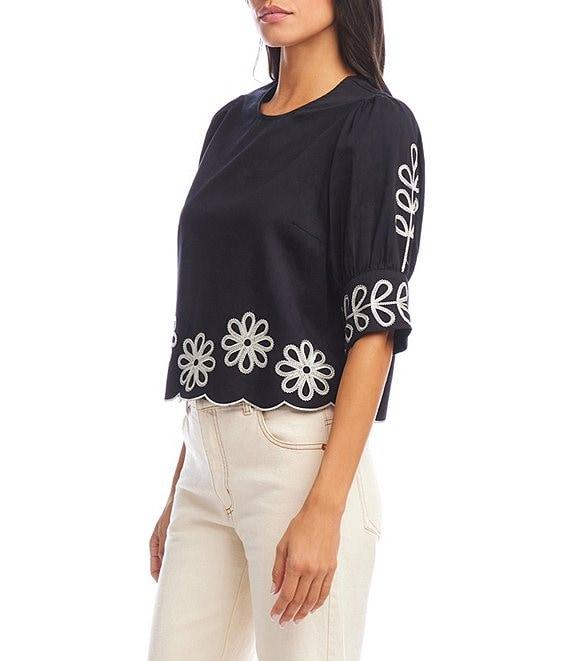 Karen Kane Embroidered Round Neck 3/4 Sleeve Scalloped Hem Top Product Image