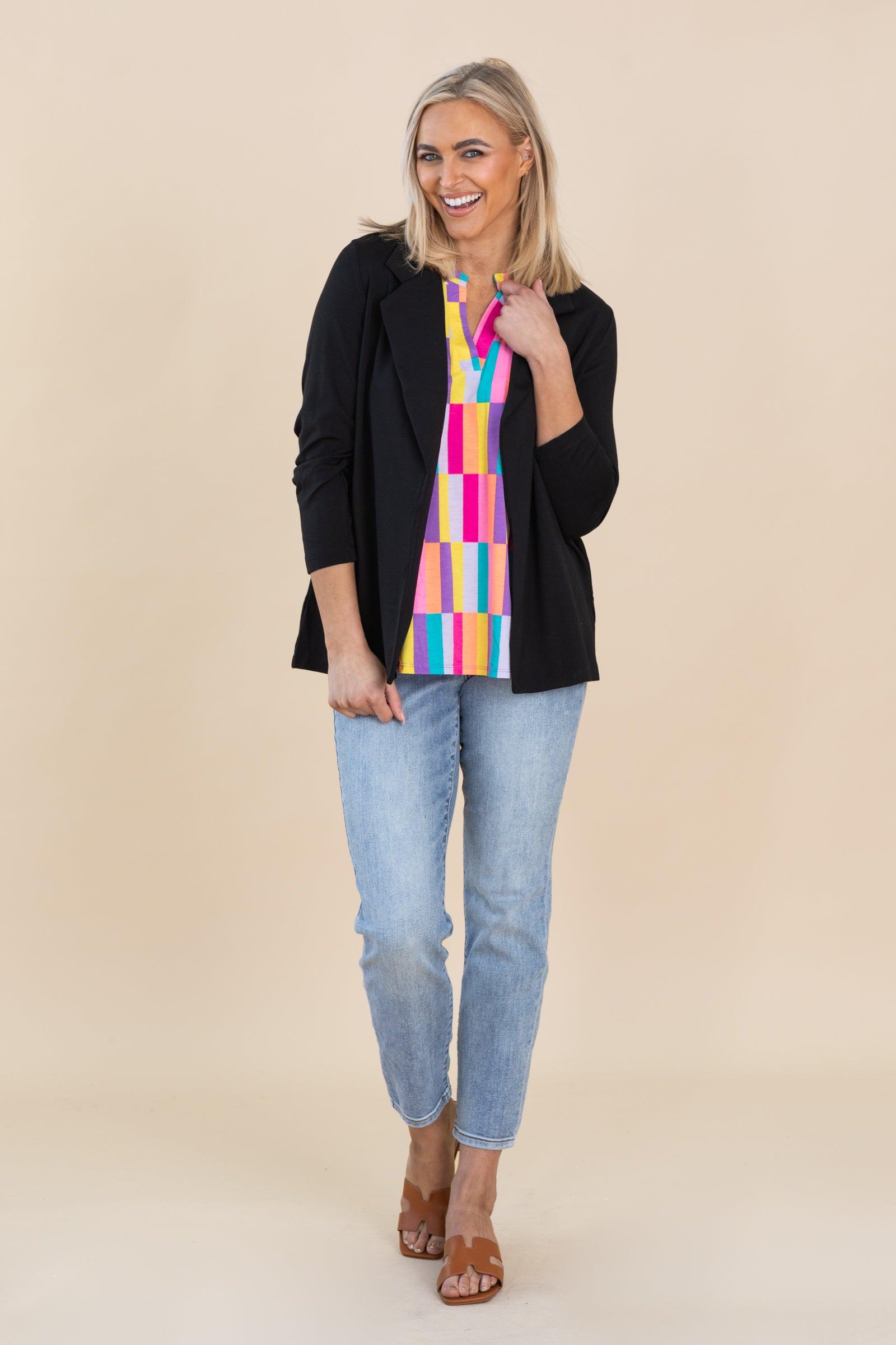Multicolor Checker V-Neck Wrinkle Free Top Product Image