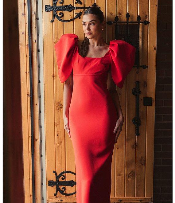 Mac Duggal Scoop Neck Dramatic Puff Sleeve Crepe Gown Product Image