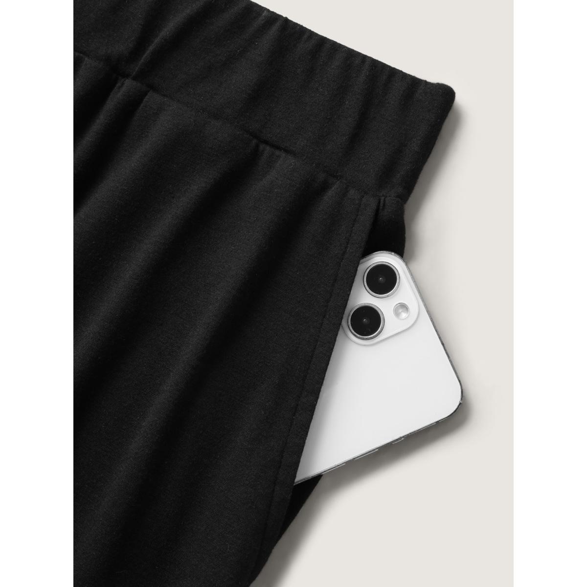 Plus Size Stretchy Straight-Leg Gathered Hem Pants Women Black Leisure Mid Rise Casual Pants BloomChic 30/6X Product Image