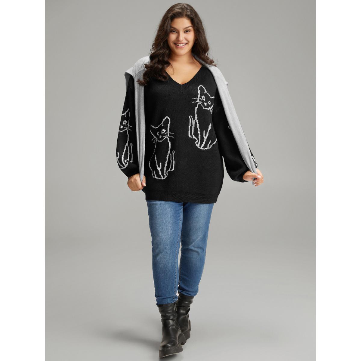 Plus Size Supersoft Essentials Cat Print V Neck Pullover Black Women Casual Long Sleeve V-neck Dailywear Pullovers BloomChic 26/4X Product Image