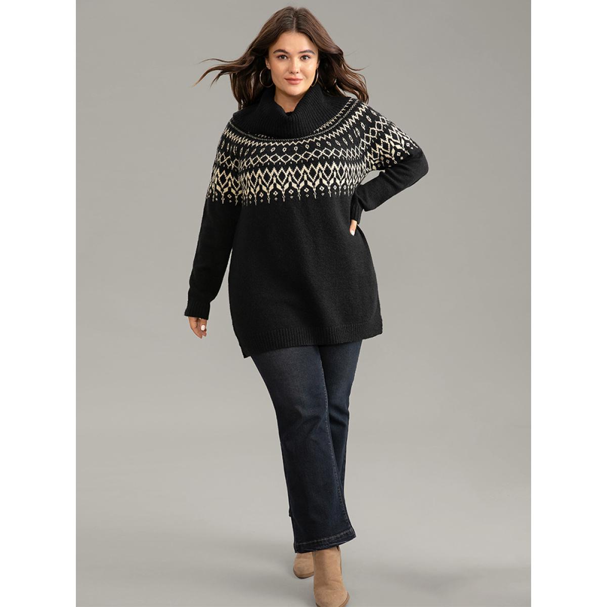 Plus Size Bandana Print Turtle Neck Elastic Cuffs Pullover Black Women Casual Loose Long Sleeve Turtleneck Dailywear Pullovers BloomChic 10/M Product Image