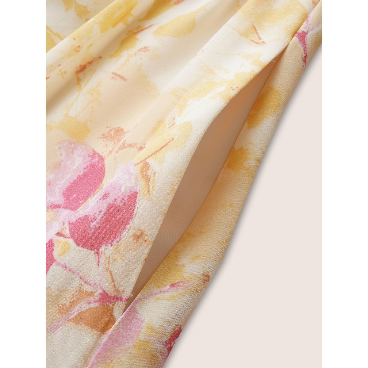 Plus Size Watercolor Floral Cross Straps Gathered Dress Lightyellow Women Elegant Gathered Square Neck Half Sleeve Curvy BloomChic 14-16/1X Product Image