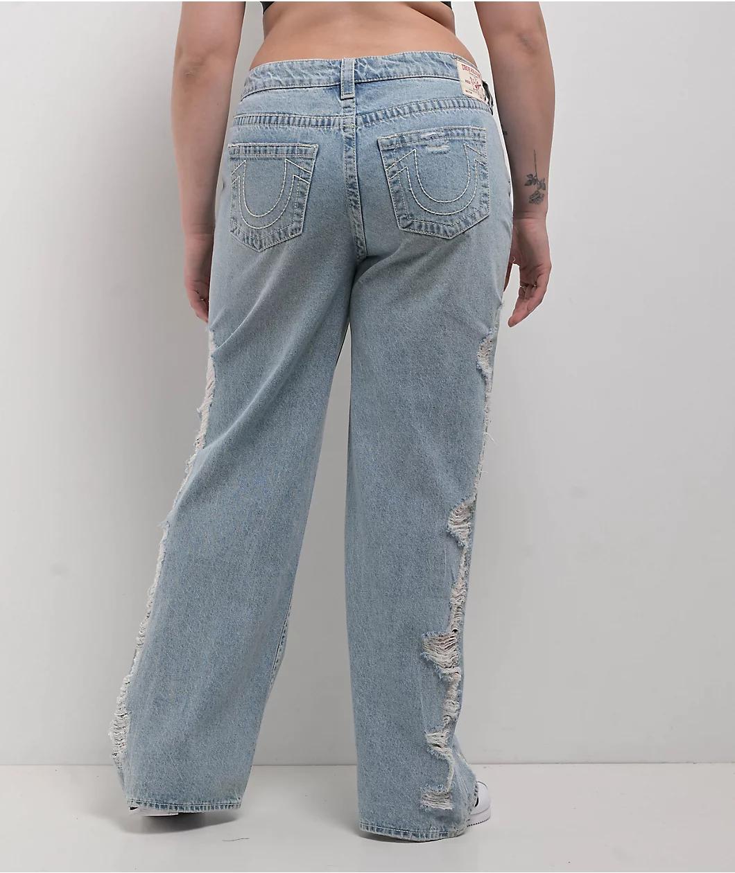 True Religion Bobbi Super Distressed Aqua Marine Mid Rise Baggy Jeans Product Image