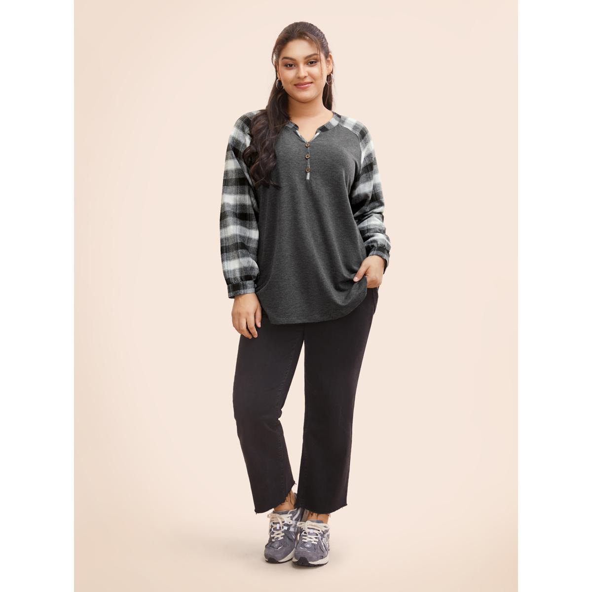 Plus Size Plaid Patchwork Notched Button Detail Sweatshirt Women DimGray Casual Patchwork Notched collar Everyday Sweatshirts BloomChic 28/5X Product Image