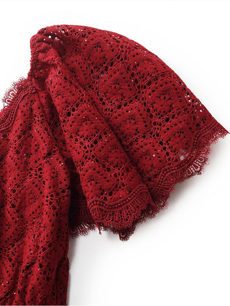 Lace Openwork Gathered Waist Women Tiered Maxi Dress With Scrunchie Product Image