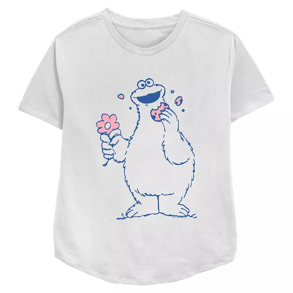 Women's PBS Kids Sesame Street Cookie Monster Holding Flower Relaxed Fit Graphic Tee, Size: Large, White Product Image