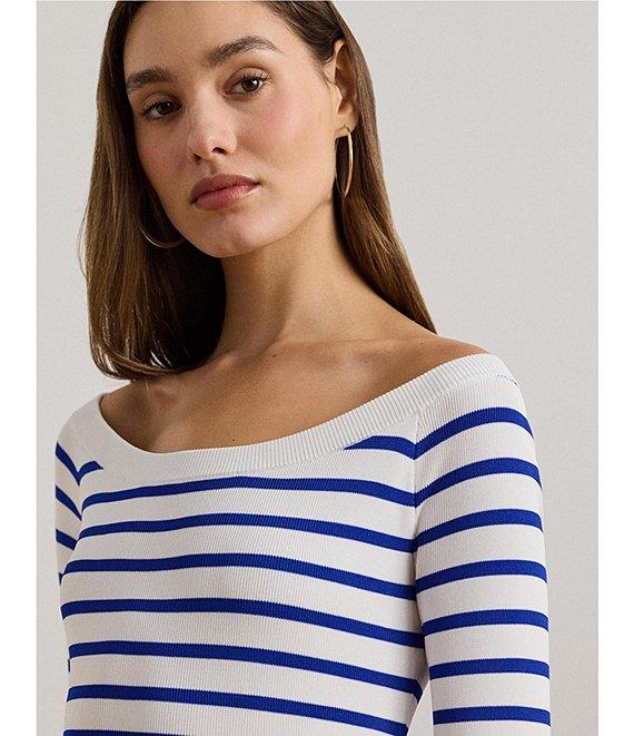 Lauren Ralph Lauren Horizontal Striped Ribbed Ballet Neck Long Raglan Sleeve Sweater Product Image