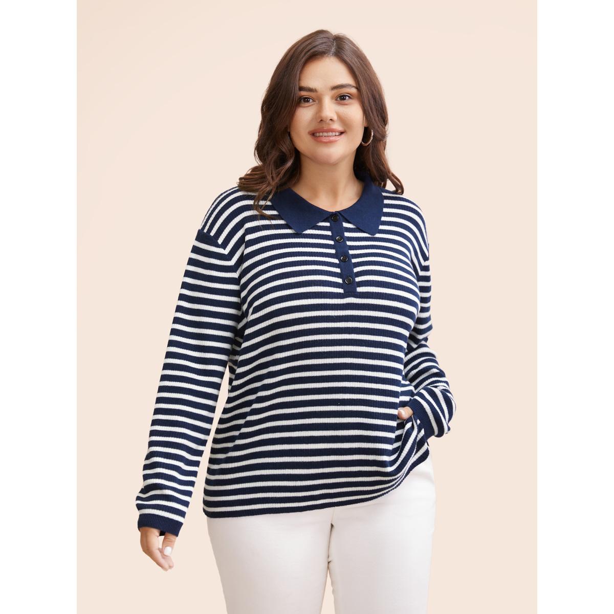 Plus Size Polo Neck Striped Button Up Pullover Midnight Women Workwear Essentials Long Sleeve Polo Work Pullovers BloomChic 22-24/3X Product Image