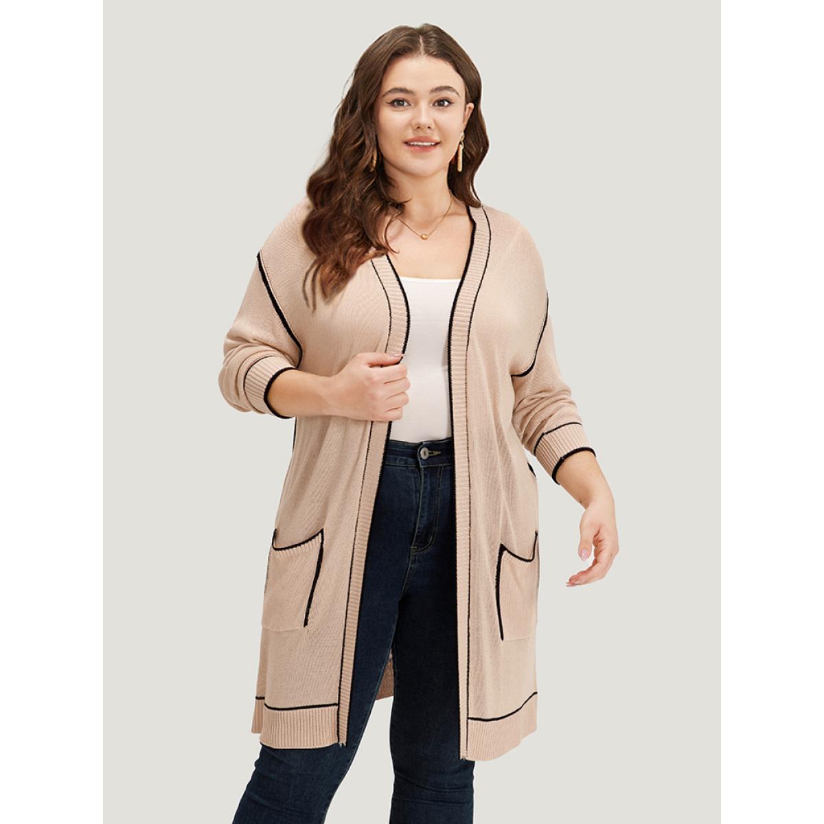 Plus Size Contrast Trim Patched Pocket Drop Shoulder Cardigan Champagne Women Casual Loose Long Sleeve Everyday Cardigans BloomChic 28/5X Product Image