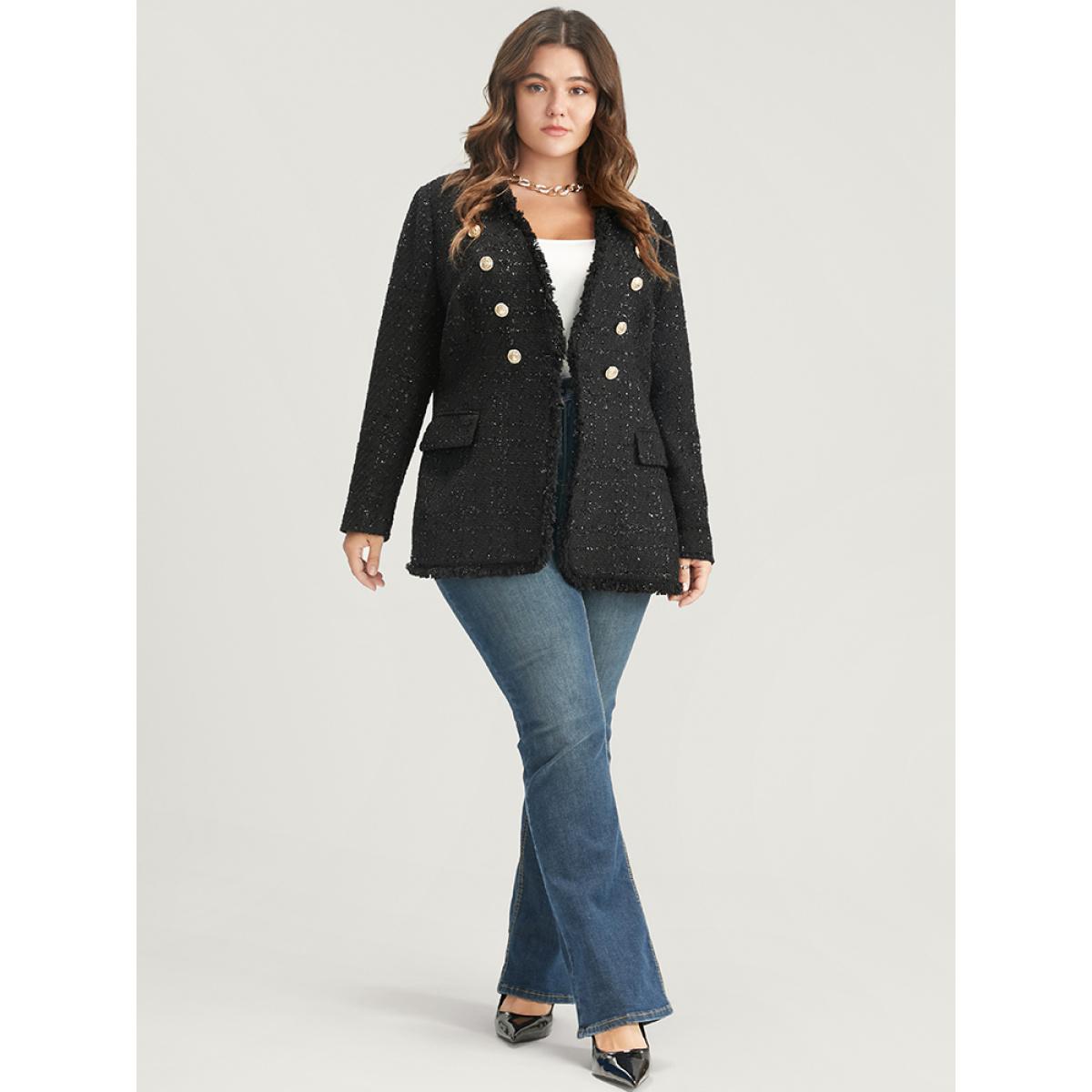 Plus Size Solid Flap Pocket Button Detail Blazer Black Women Going out Plain Button Sleeve Long Sleeve V-neck 10/M Pocket Party Blazers BloomChic Product Image