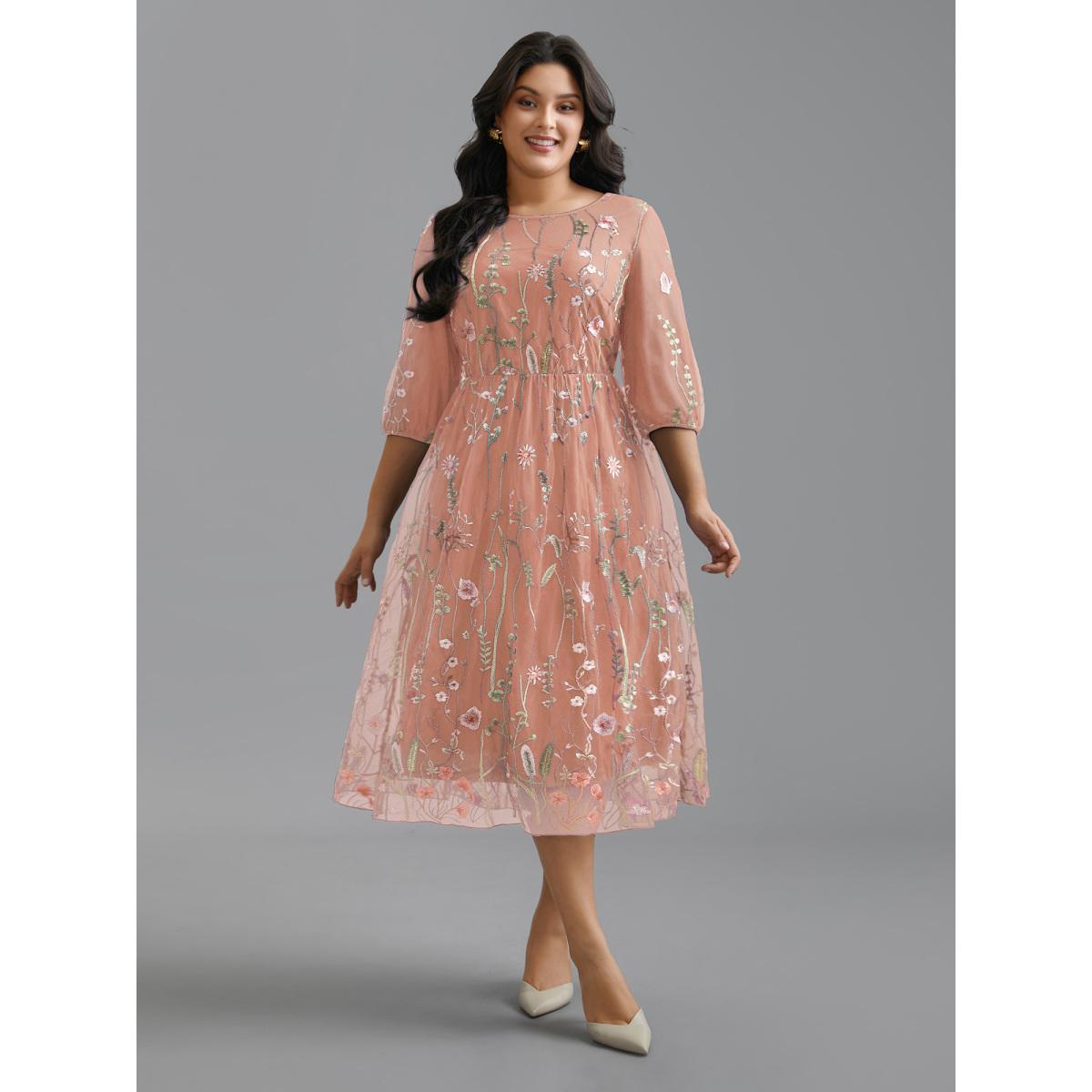 Plus Size Floral Embroidered Elastic Waist Lined Midi Dress Blush Women Formal Texture Party Curvy Bloomchic 14-16/1X Product Image