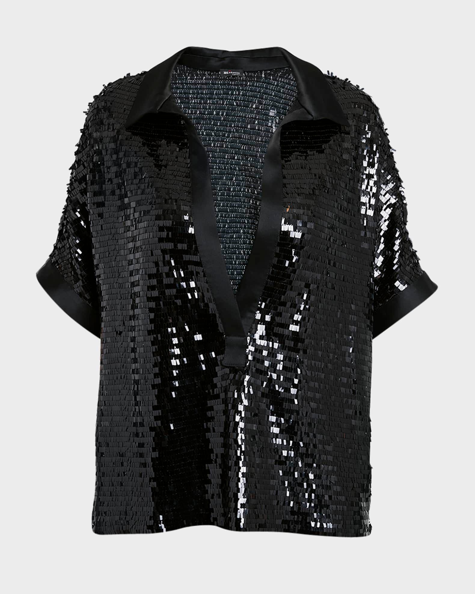 Sequin Open-Collar Satin-Trim Short-Sleeve Top Product Image