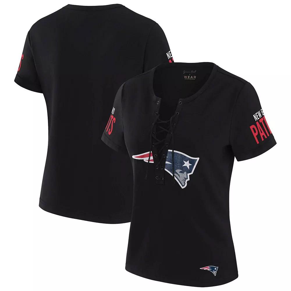 Women's WEAR by Erin Andrews x Gracie Hunt Black New England Patriots Draft Me Lace-Up T-Shirt, Size: Medium Product Image