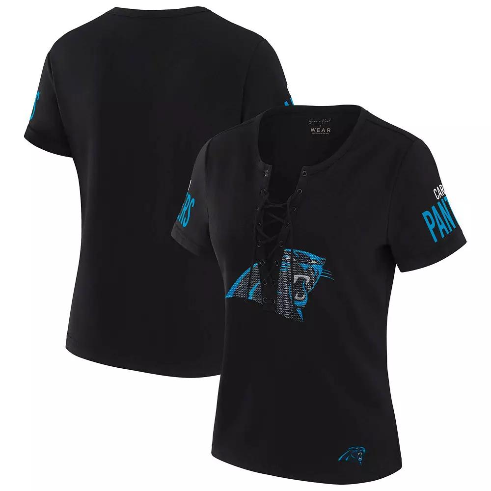 Women's WEAR by Erin Andrews x Gracie Hunt Black Carolina Panthers Draft Me Lace-Up T-Shirt,  Product Image