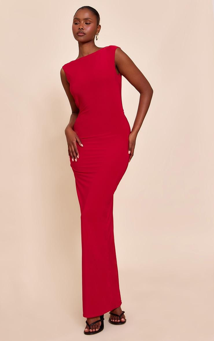 Red Double Layer Slinky Low Back Trim Detail Maxi Dress Product Image