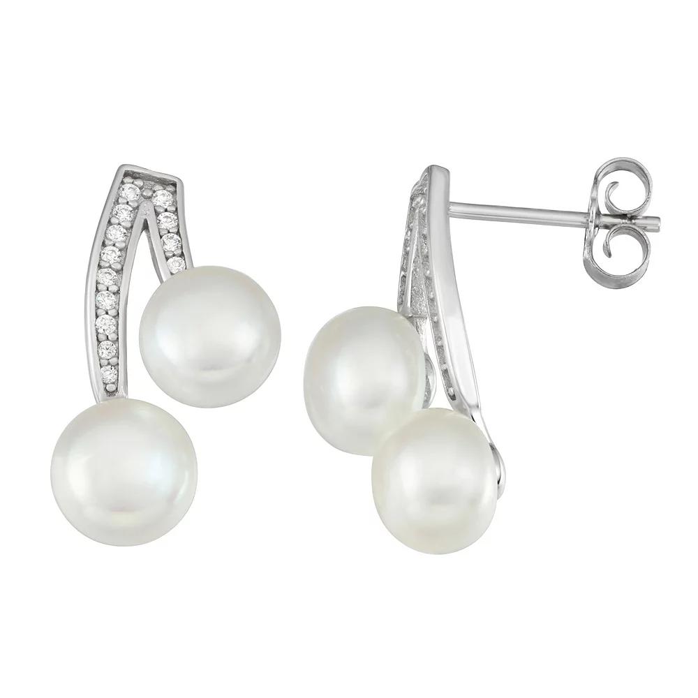 Sterling Silver Freshwater Cultured Pearl Cubic Zirconia Double Drop Earrings, Women's Product Image