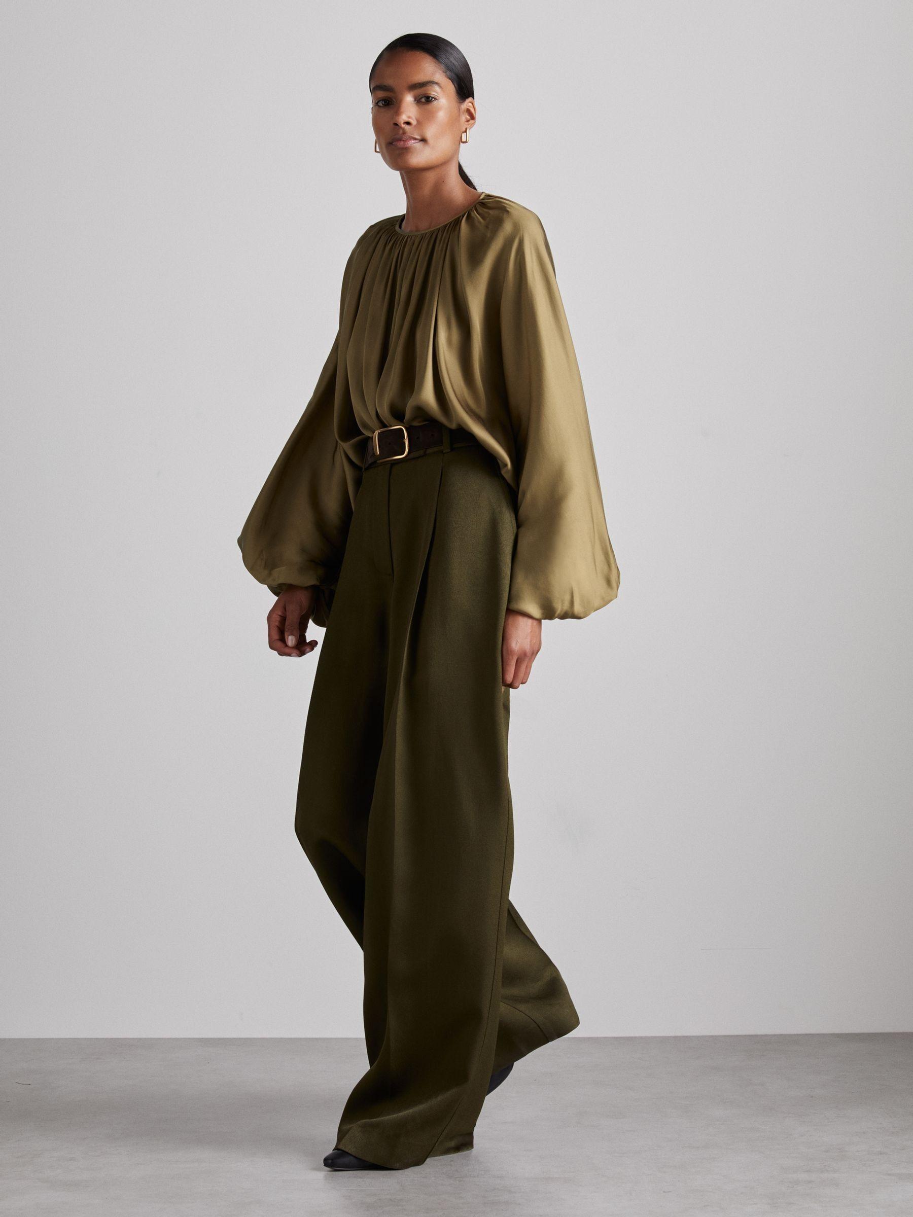 Atelier Gathered-Satin Top in Khaki Product Image