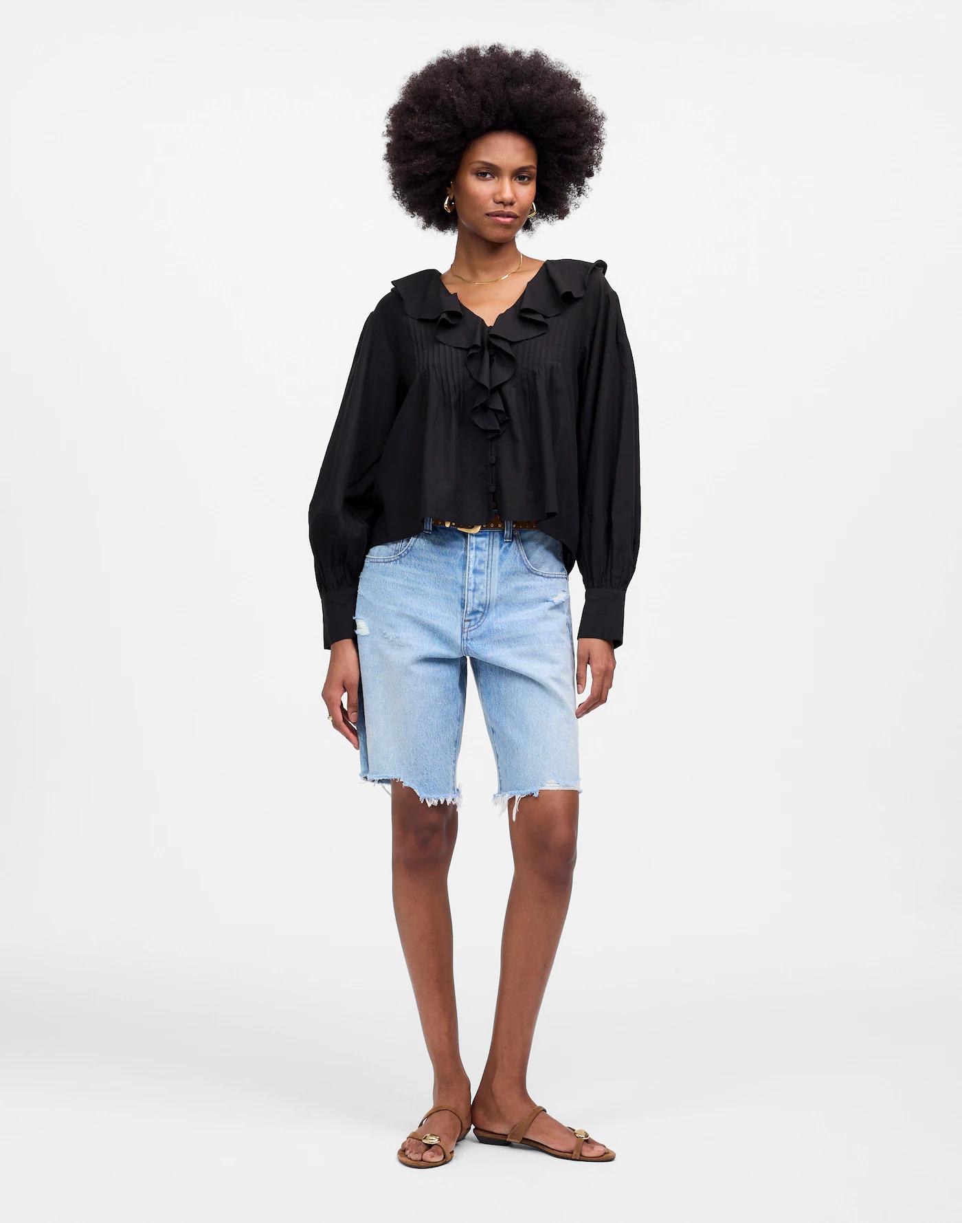 Ruffled Pintucked Long-Sleeve Top Product Image