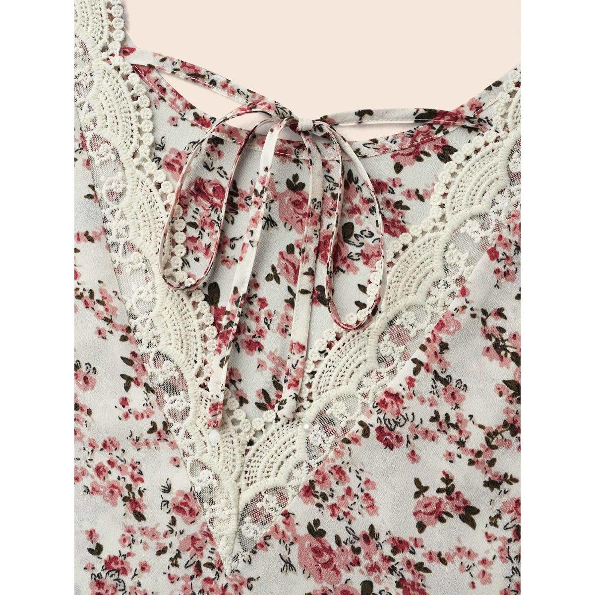 Plus Size Beige Back Lace Trim Ditsy Floral Print Blouse Women Elegant Long Sleeve Round Neck Everyday Blouses BloomChic 18-20/2X Product Image