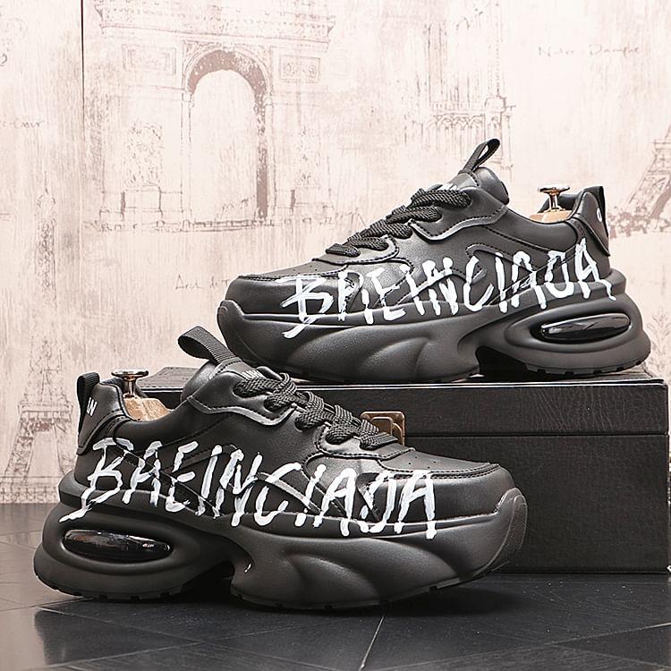 Hidden Wedge Lettering Print Lace-Up Faux Leather Sneakers Product Image