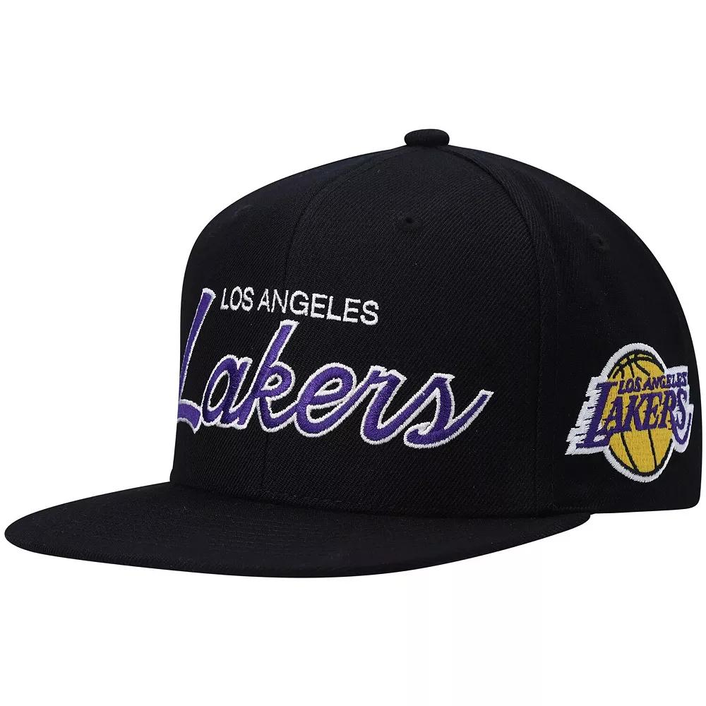 Men's Mitchell & Ness Black Los Angeles Lakers Hardwood Classics Script 2.0 Snapback Hat Product Image