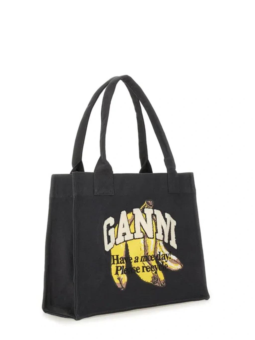 GANNI Banana Print Large Tote Bag In Black Product Image
